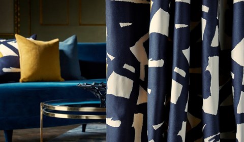 Zoffany Icons Blue and Yellow Fabric on Curtain and Cushion